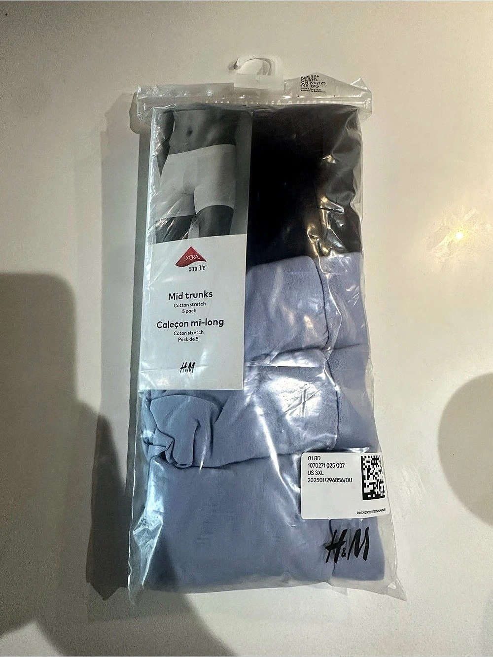 H&M Mid Trunks Cotton Stretch 5-pack Cotton Boxer Briefs Waist 3XL Blue & Gray N